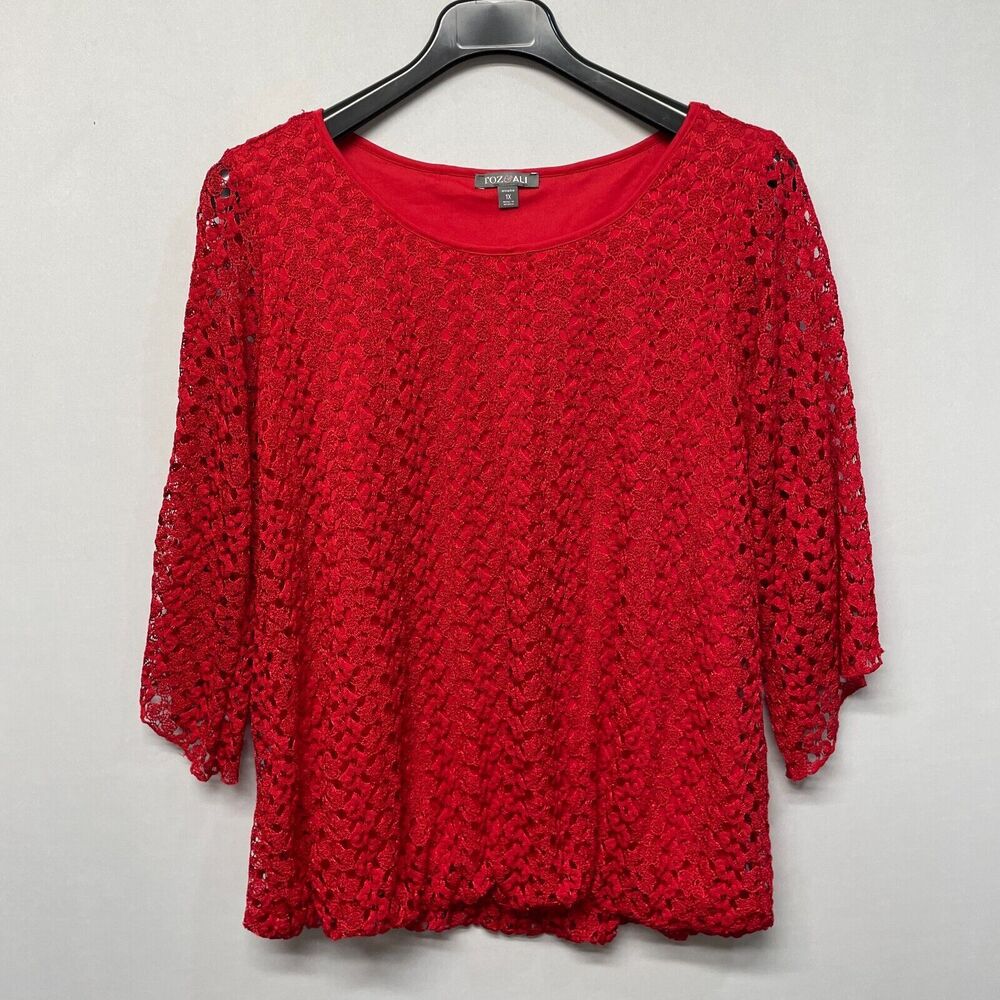 Roz & Ali Women 3/4 Sleeve Blouse Top Shirt Size 1X Crochet Lace M268 -24